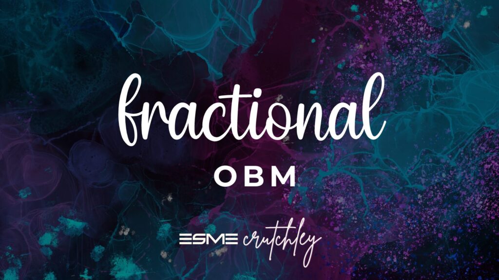 Galaxy background in teal and purple with the words "fractional OBM" written in white text over top